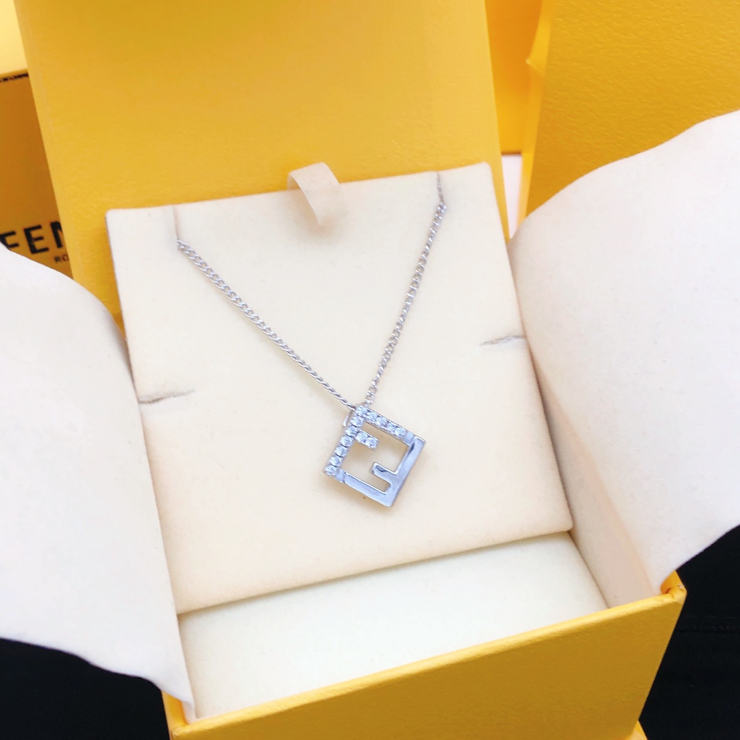 Fendi FF Logo Pendant necklace Silver-toned metal with clear cubic zirconia accents 45cm