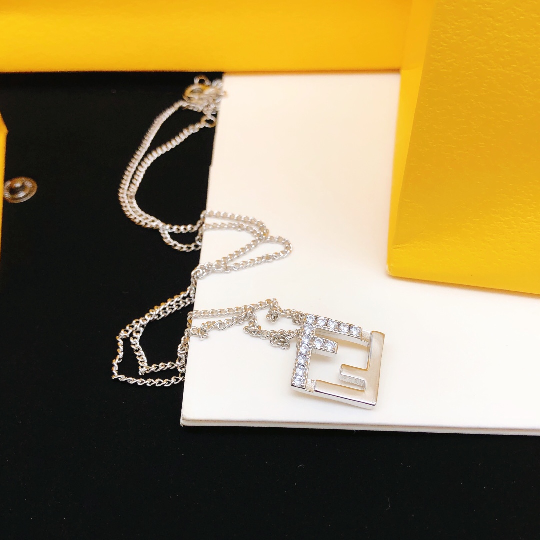 Fendi FF Logo Pendant necklace Silver-toned metal with clear cubic zirconia accents 45cm