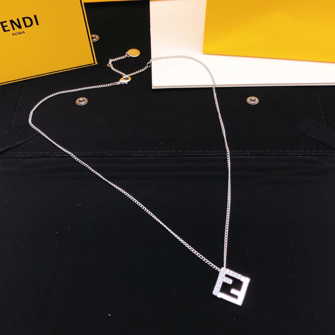 Fendi FF Logo Pendant necklace Silver-toned metal with clear cubic zirconia accents 45cm
