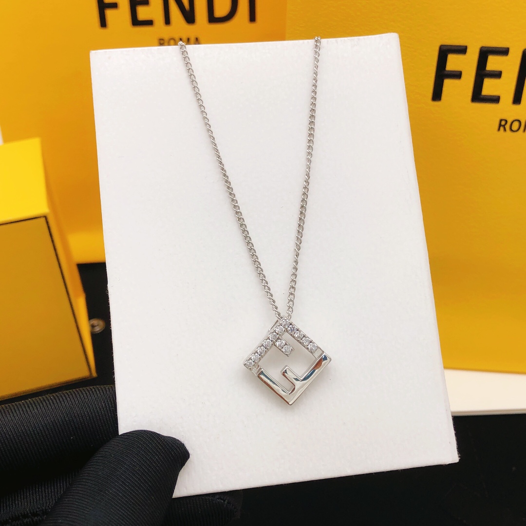 Fendi FF Logo Pendant necklace Silver-toned metal with clear cubic zirconia accents 45cm