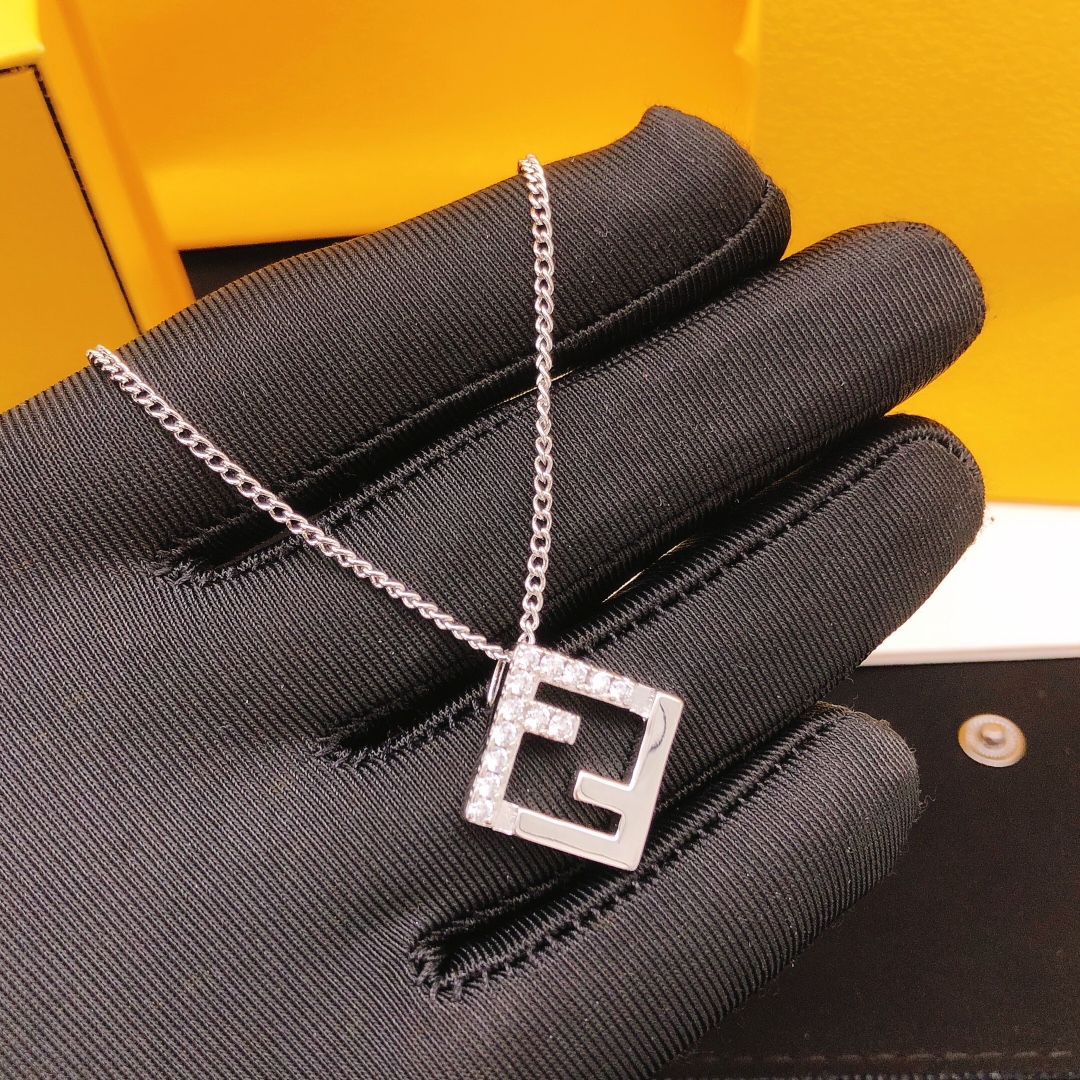 Fendi FF Logo Pendant necklace Silver-toned metal with clear cubic zirconia accents 45cm
