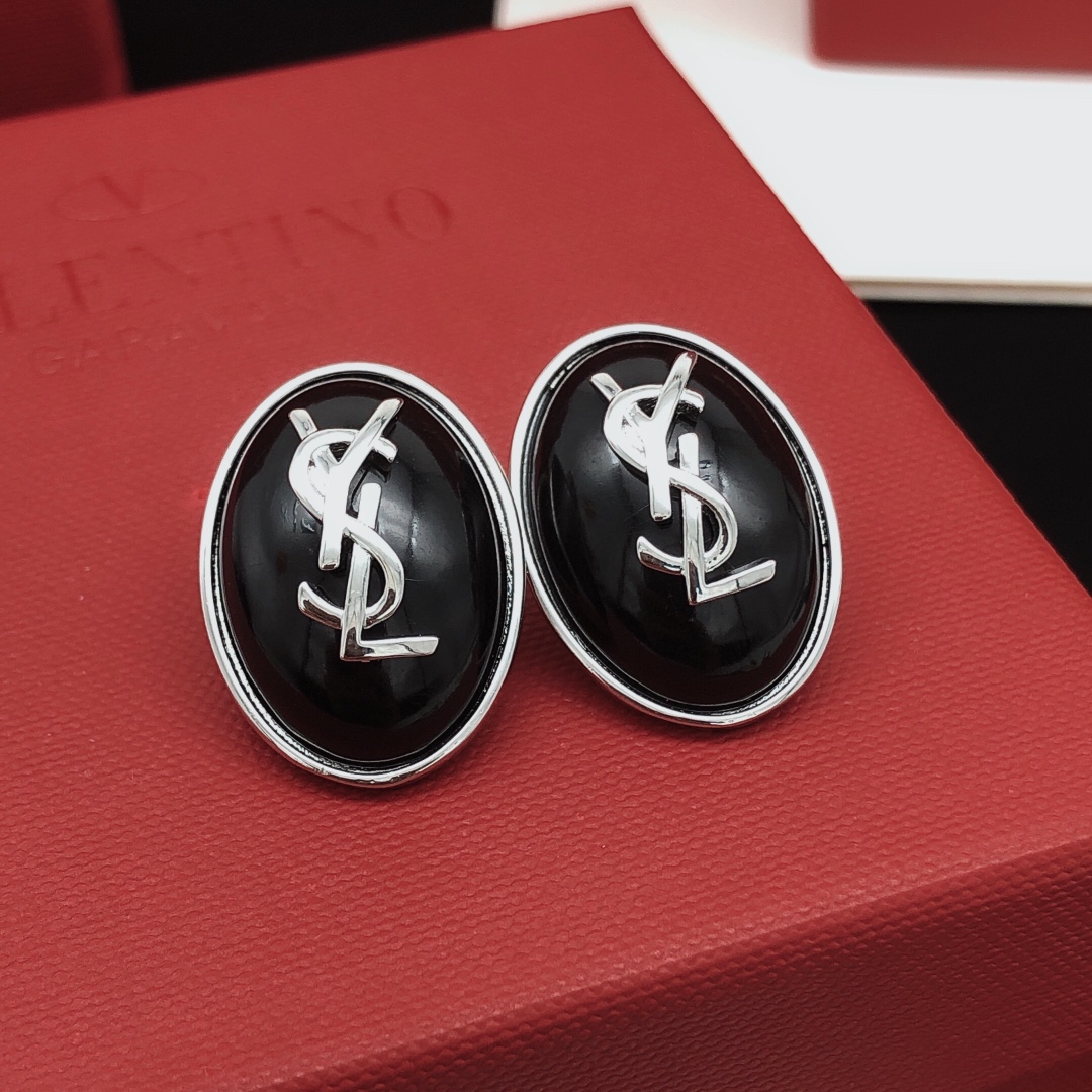 Saint Laurent YED0077 Cassandre Oval Logo Earrings earrings silver-toned metal with black enamel inlay 2 5cm length per earring