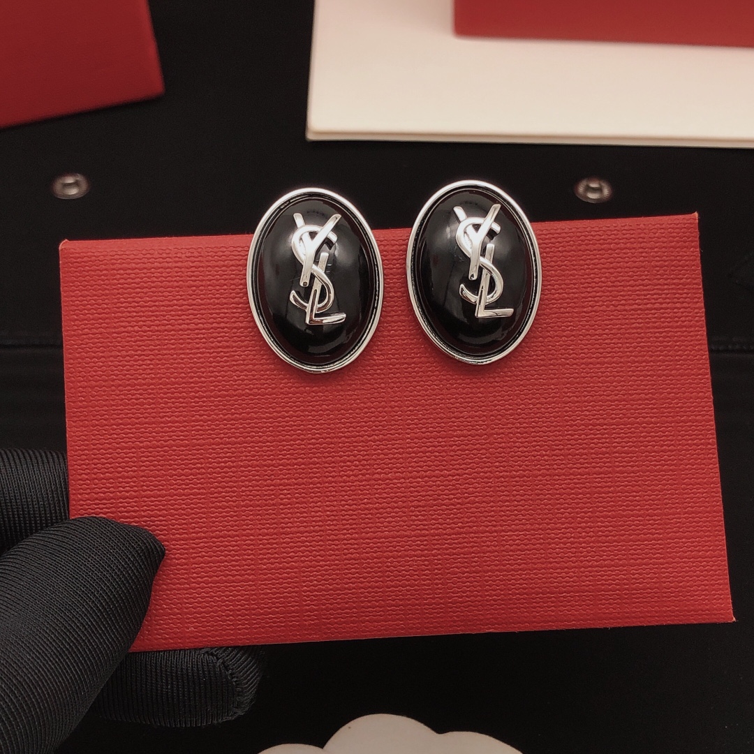 Saint Laurent YED0077 Cassandre Oval Logo Earrings earrings silver-toned metal with black enamel inlay 2 5cm length per earring