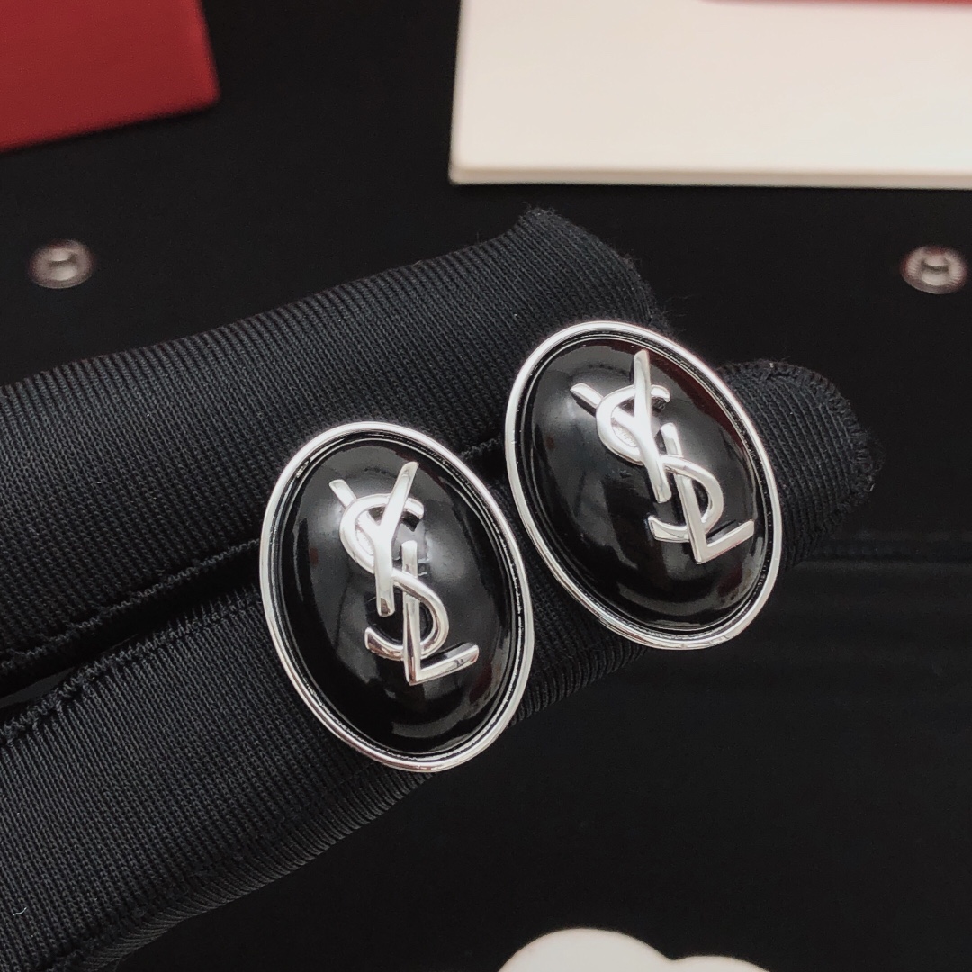 Saint Laurent YED0077 Cassandre Oval Logo Earrings earrings silver-toned metal with black enamel inlay 2 5cm length per earring