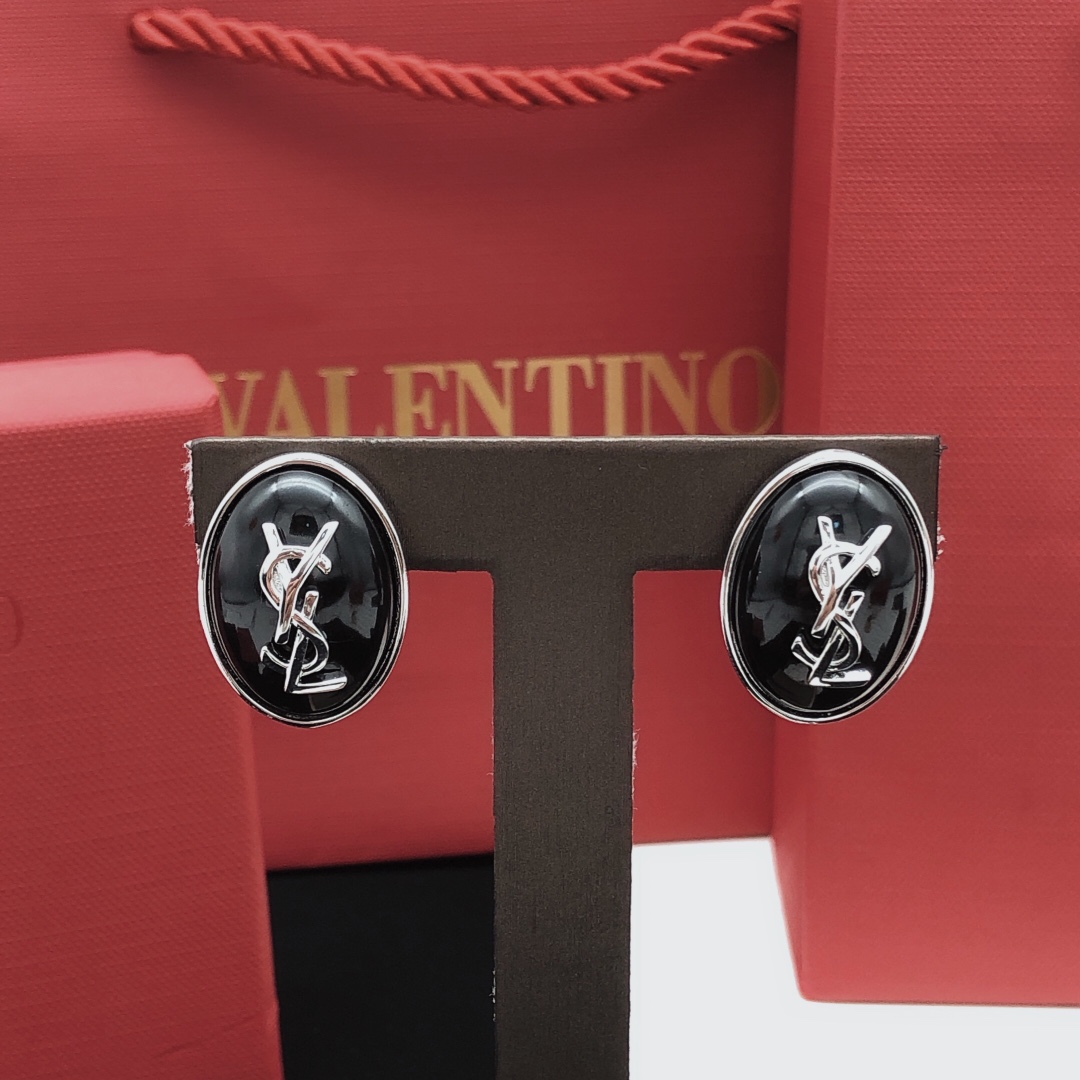 Saint Laurent YED0077 Cassandre Oval Logo Earrings earrings silver-toned metal with black enamel inlay 2 5cm length per earring