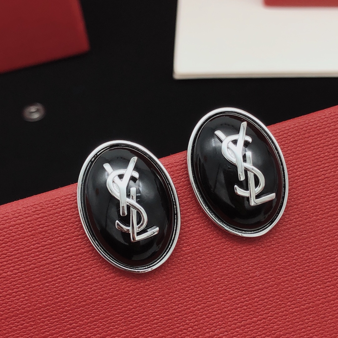 Saint Laurent YED0077 Cassandre Oval Logo Earrings earrings silver-toned metal with black enamel inlay 2 5cm length per earring