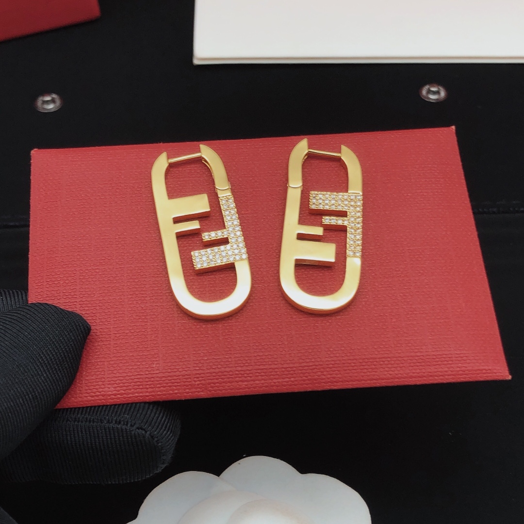 Fendi FDED0084 FF Logo Hoop Earrings earrings gold-tone metal with clear pave crystals 3 5cm length