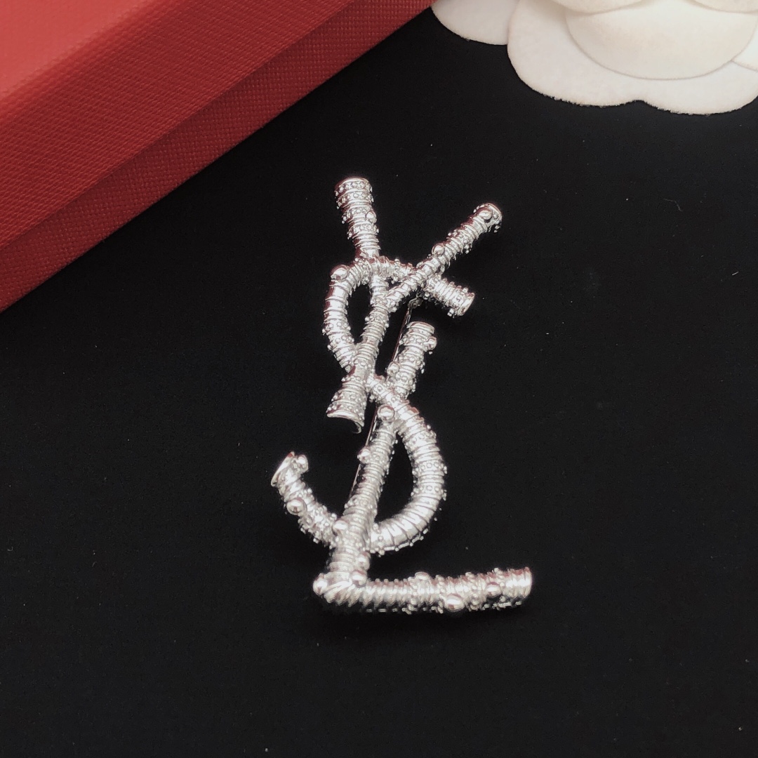 Saint Laurent YXZ0036 Cassandre Monogram Brooch brooch silver-toned metal with clear crystal accents 4 5cm