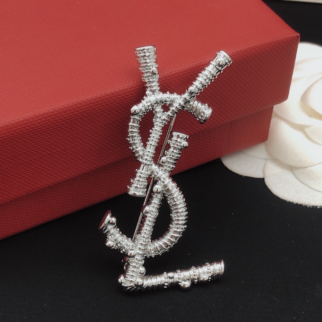 Saint Laurent YXZ0036 Cassandre Monogram Brooch brooch silver-toned metal with clear crystal accents 4 5cm