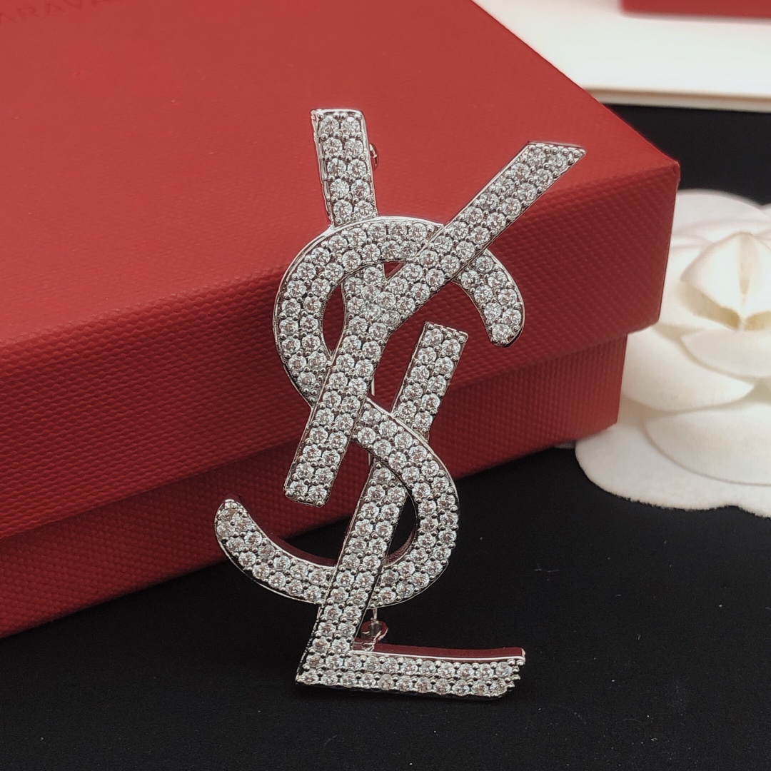 Saint Laurent YXZ0040 Cassandre Monogram brooch silver-toned metal with clear pave crystals 4 5cm width