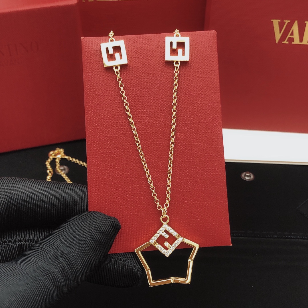 Fendi FF Logo Pendant Necklace necklace gold-tone metal with clear crystal accents 45cm with 5cm extender