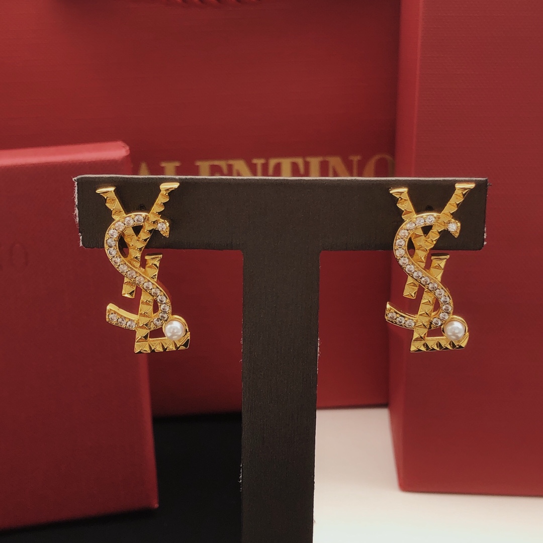 Saint Laurent YED0074 Cassandre Monogram Stud Earrings earrings gold-tone metal with clear cubic zirconia and white pearl accents 2 5cm length
