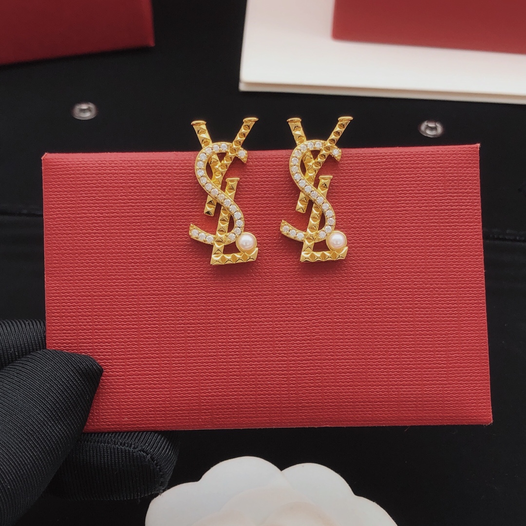 Saint Laurent YED0074 Cassandre Monogram Stud Earrings earrings gold-tone metal with clear cubic zirconia and white pearl accents 2 5cm length