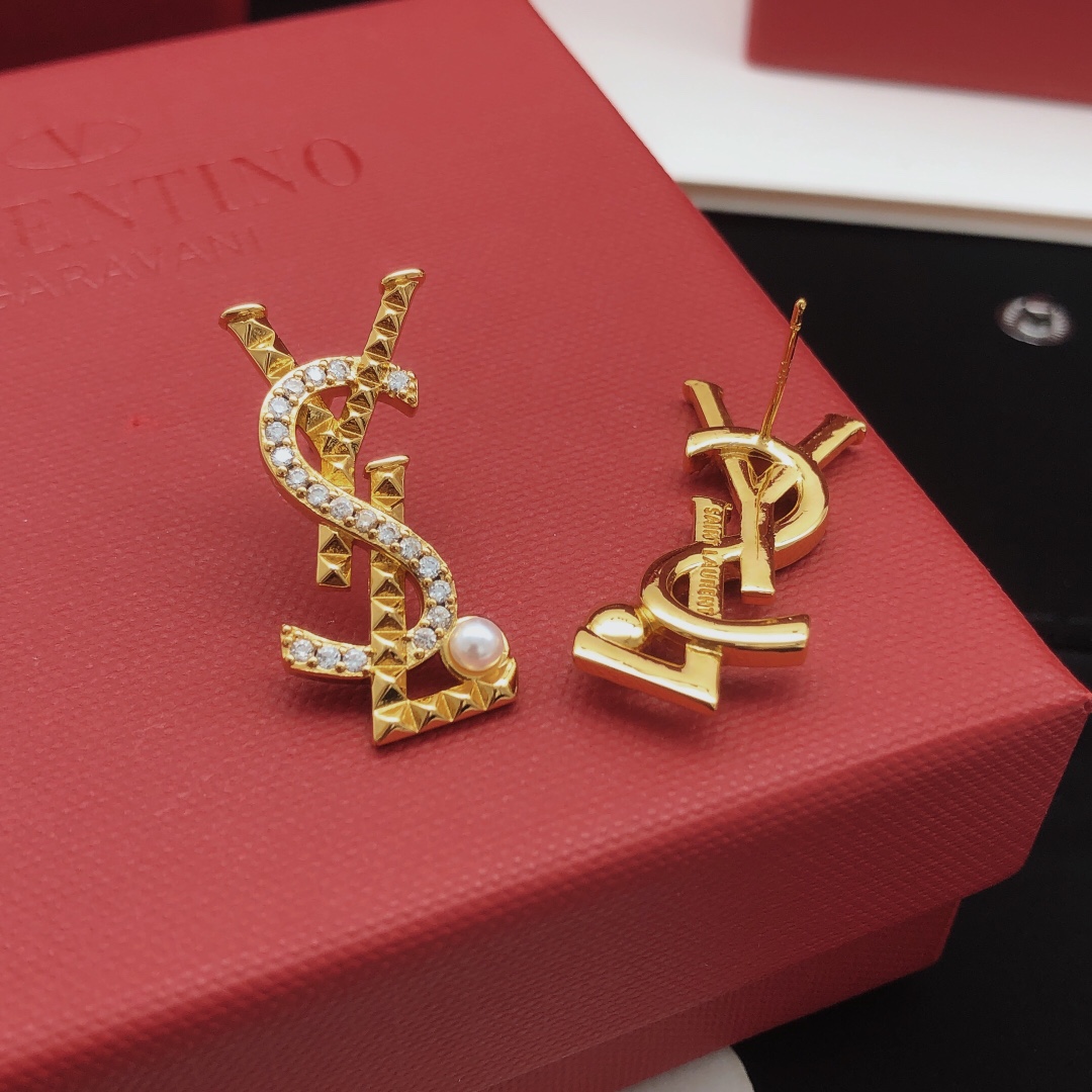 Saint Laurent YED0074 Cassandre Monogram Stud Earrings earrings gold-tone metal with clear cubic zirconia and white pearl accents 2 5cm length