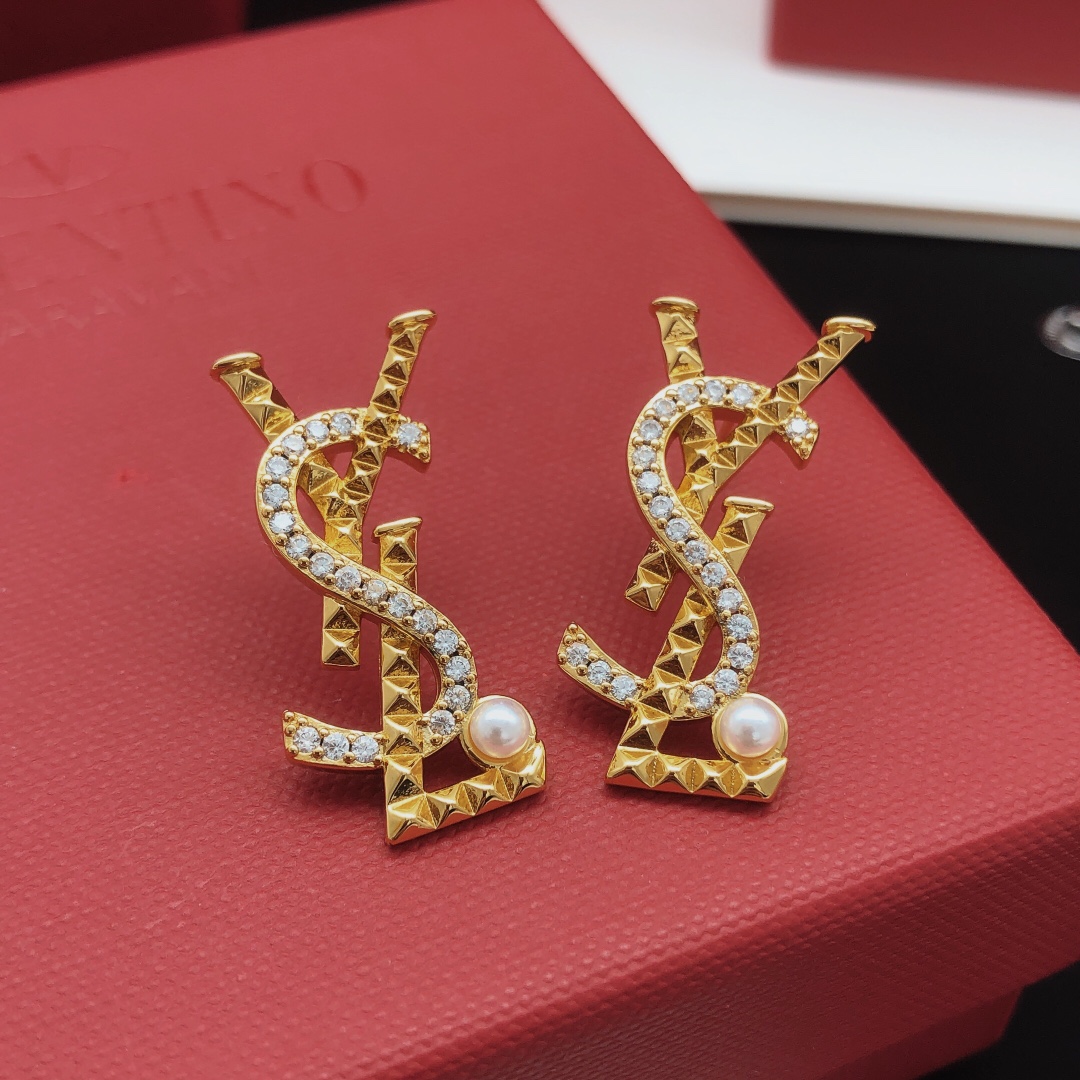 Saint Laurent YED0074 Cassandre Monogram Stud Earrings earrings gold-tone metal with clear cubic zirconia and white pearl accents 2 5cm length