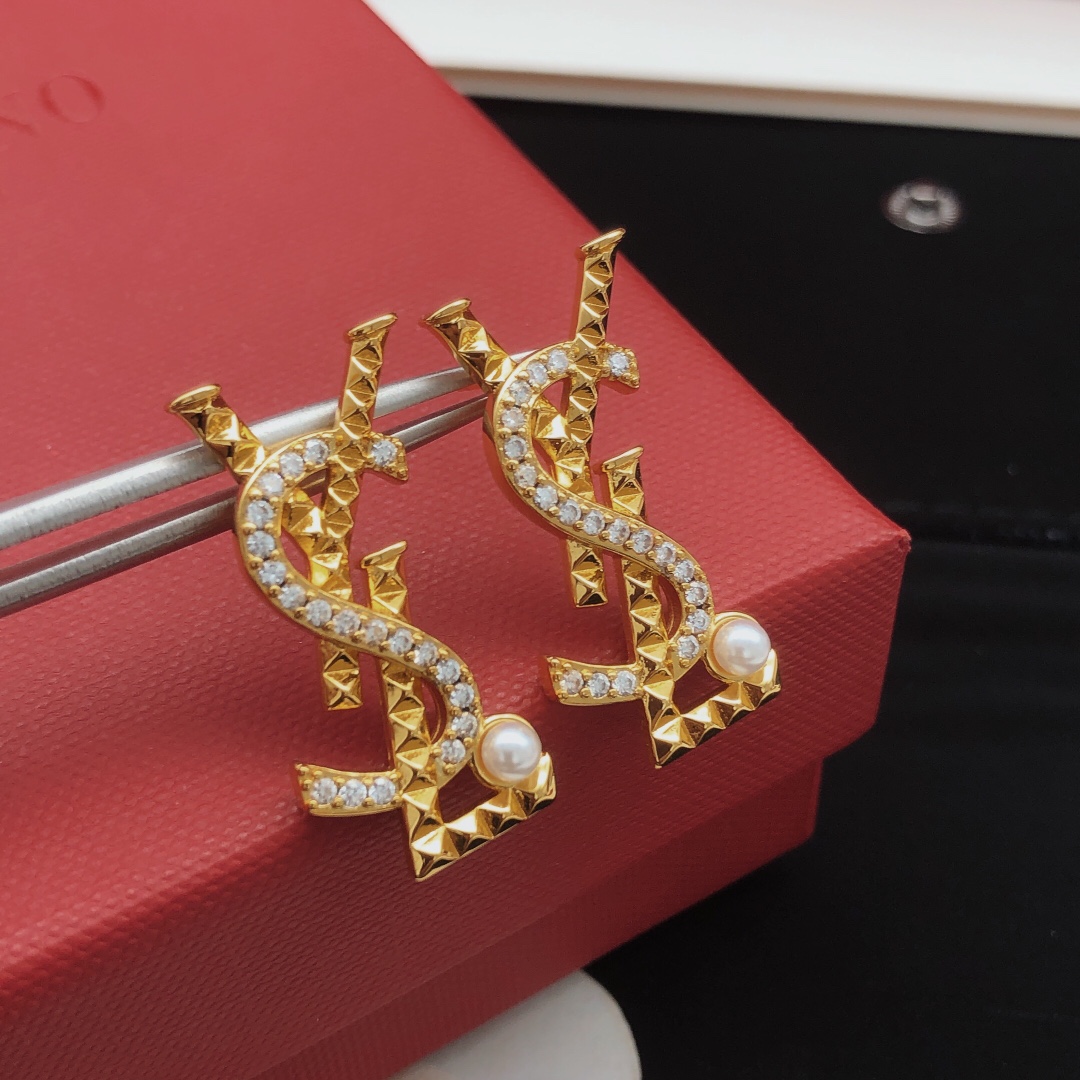Saint Laurent YED0074 Cassandre Monogram Stud Earrings earrings gold-tone metal with clear cubic zirconia and white pearl accents 2 5cm length