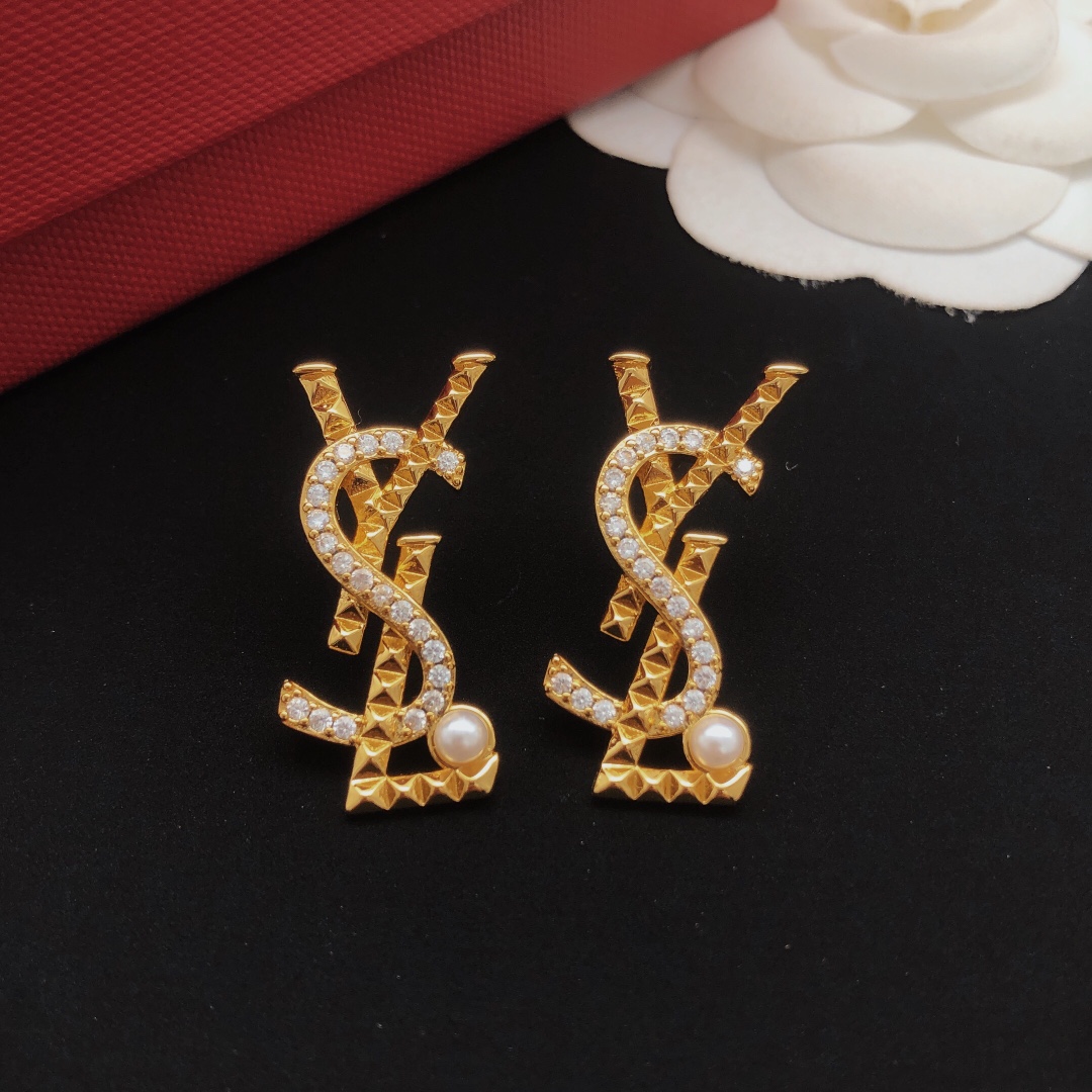Saint Laurent YED0074 Cassandre Monogram Stud Earrings earrings gold-tone metal with clear cubic zirconia and white pearl accents 2 5cm length