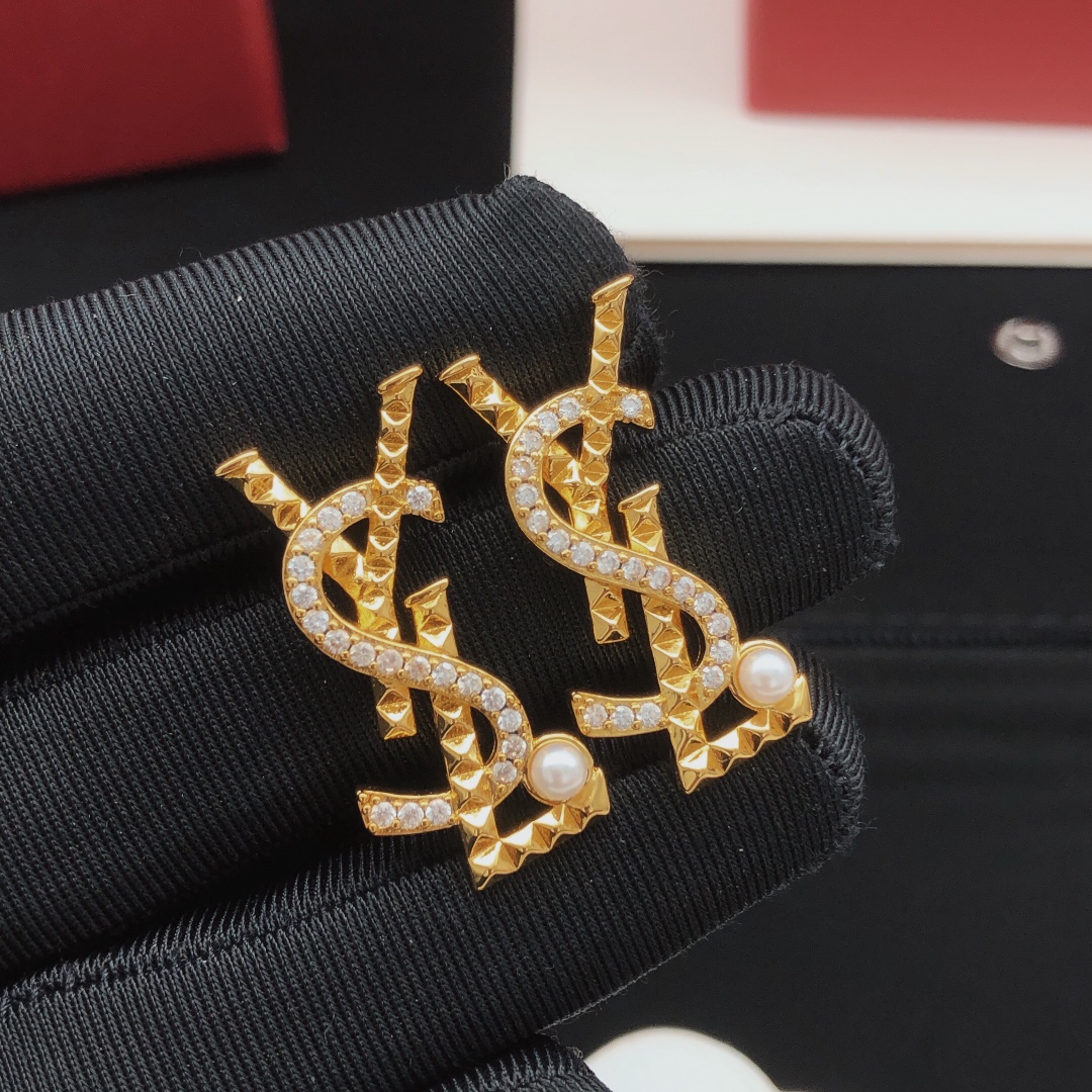 Saint Laurent YED0074 Cassandre Monogram Stud Earrings earrings gold-tone metal with clear cubic zirconia and white pearl accents 2 5cm length