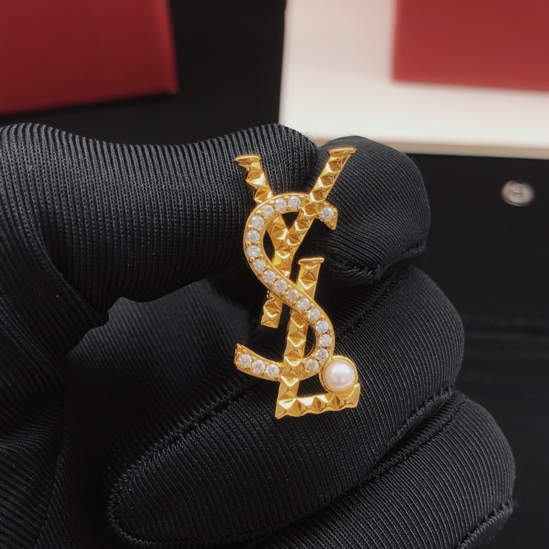 Saint Laurent YED0074 Cassandre Monogram Stud Earrings earrings gold-tone metal with clear cubic zirconia and white pearl accents 2 5cm length
