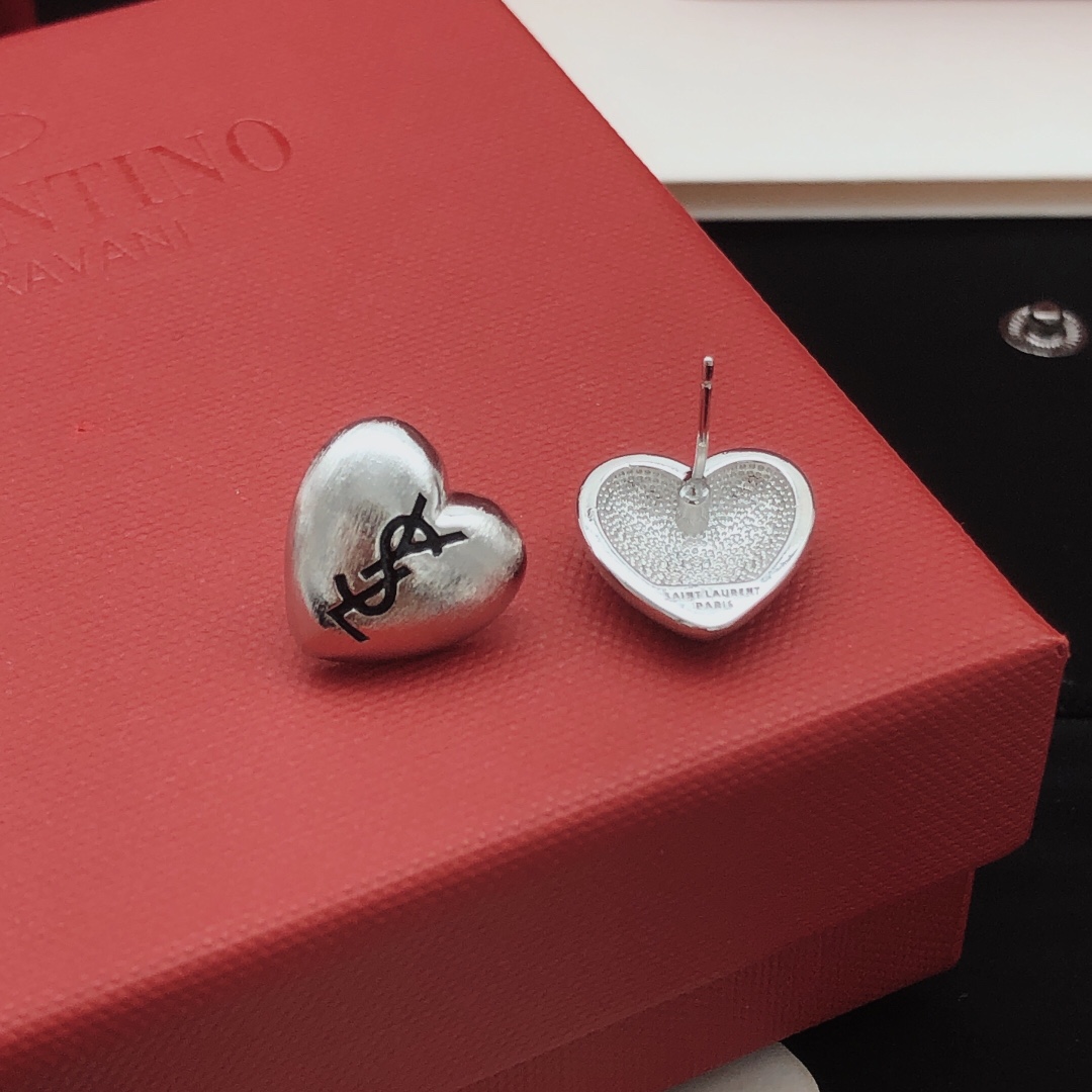 Saint Laurent YED0090 Heart Cassandre Stud Earrings earrings brushed silver-tone metal with black enamel logo 1 2cm stud diameter