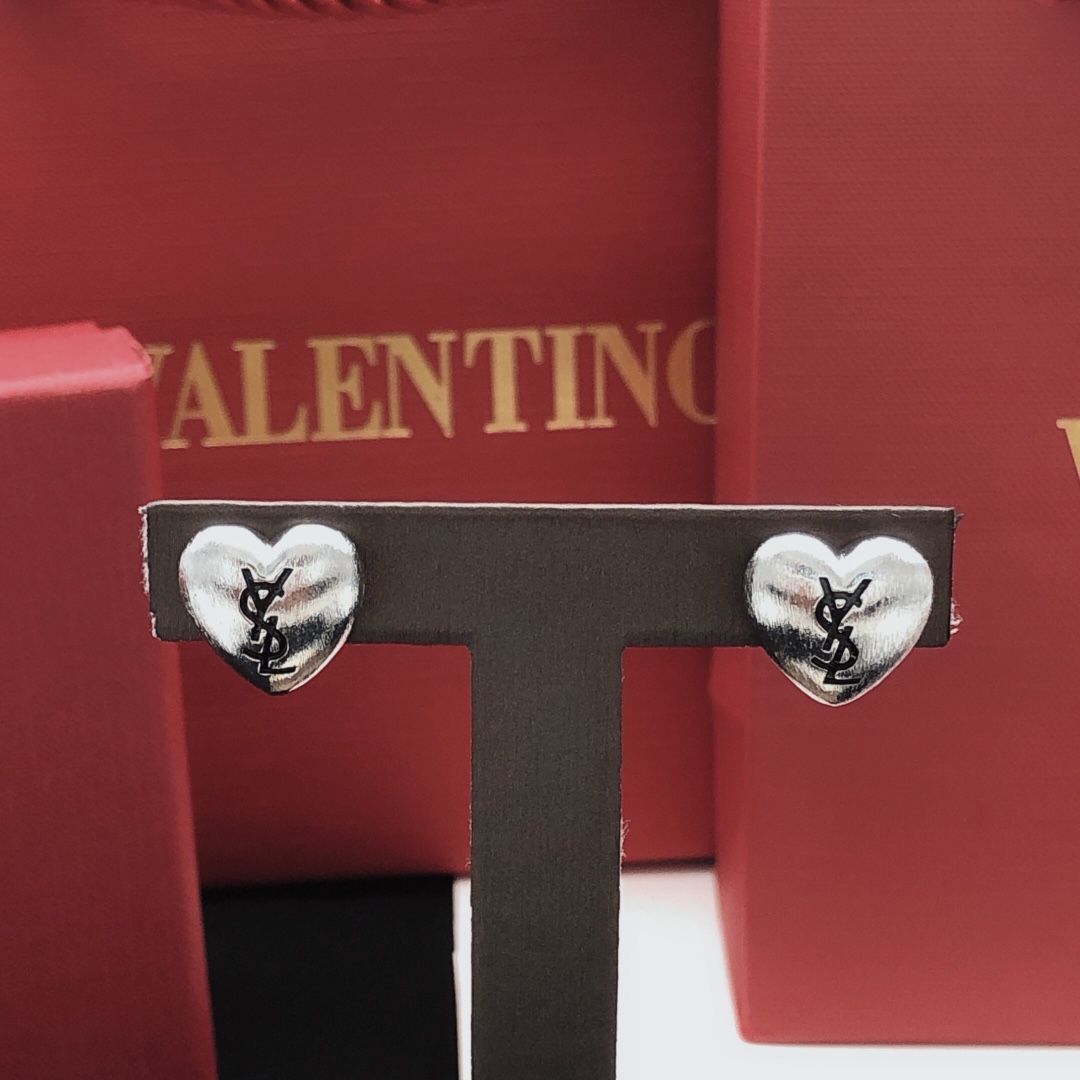 Saint Laurent YED0090 Heart Cassandre Stud Earrings earrings brushed silver-tone metal with black enamel logo 1 2cm stud diameter