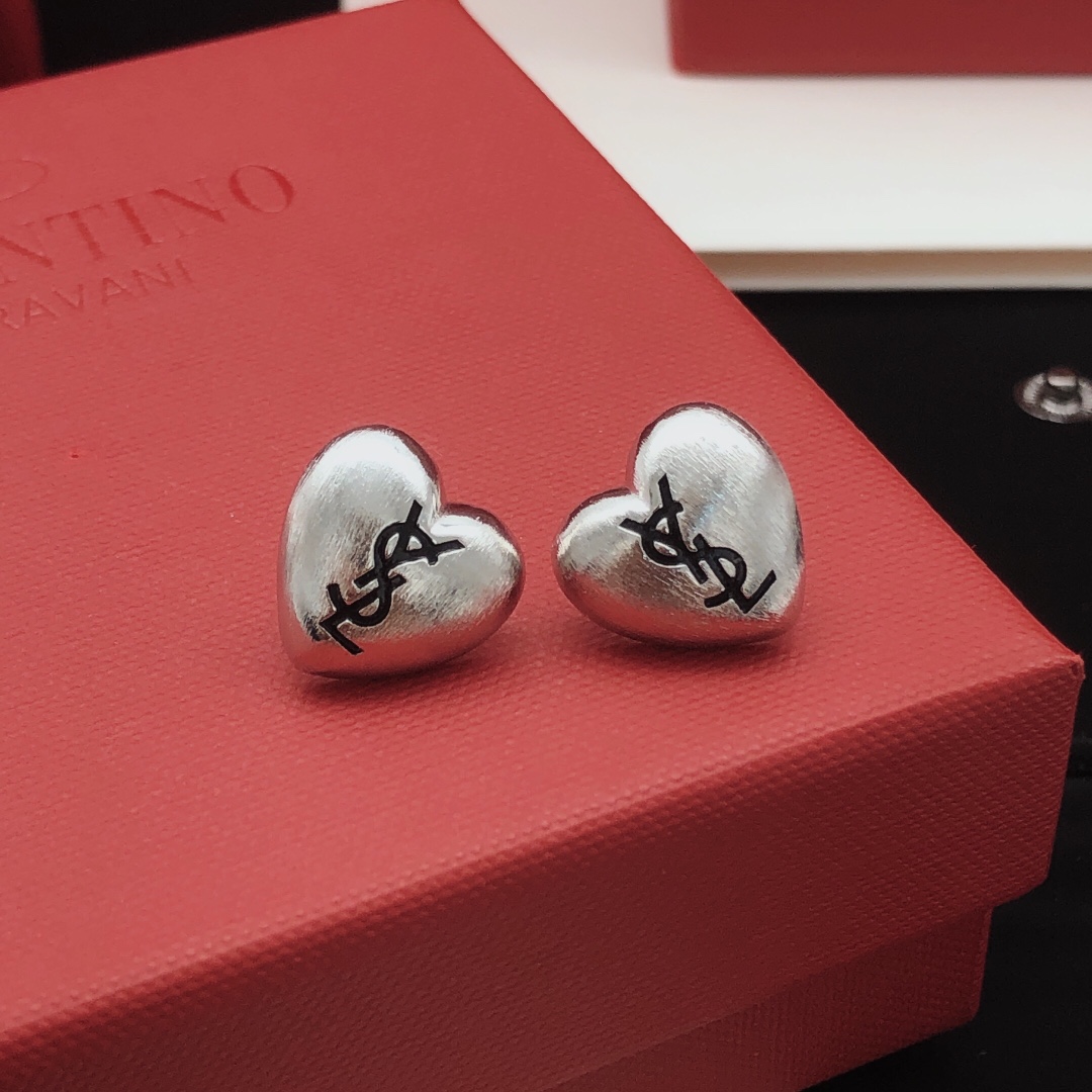 Saint Laurent YED0090 Heart Cassandre Stud Earrings earrings brushed silver-tone metal with black enamel logo 1 2cm stud diameter