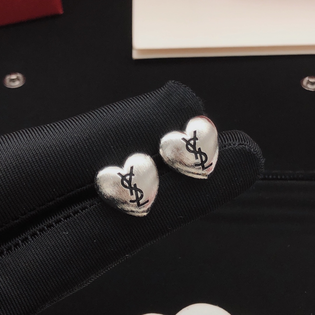 Saint Laurent YED0090 Heart Cassandre Stud Earrings earrings brushed silver-tone metal with black enamel logo 1 2cm stud diameter