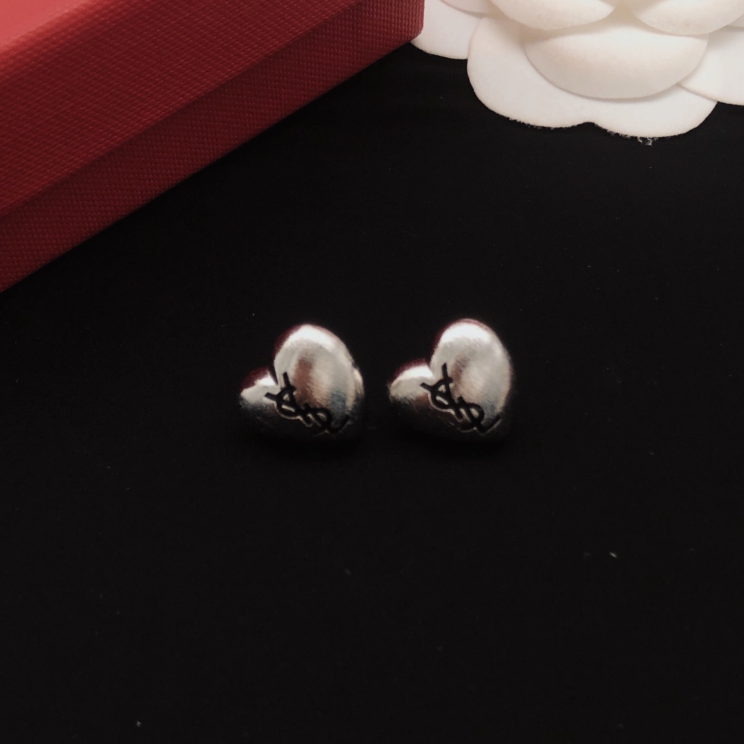 Saint Laurent YED0090 Heart Cassandre Stud Earrings earrings brushed silver-tone metal with black enamel logo 1 2cm stud diameter