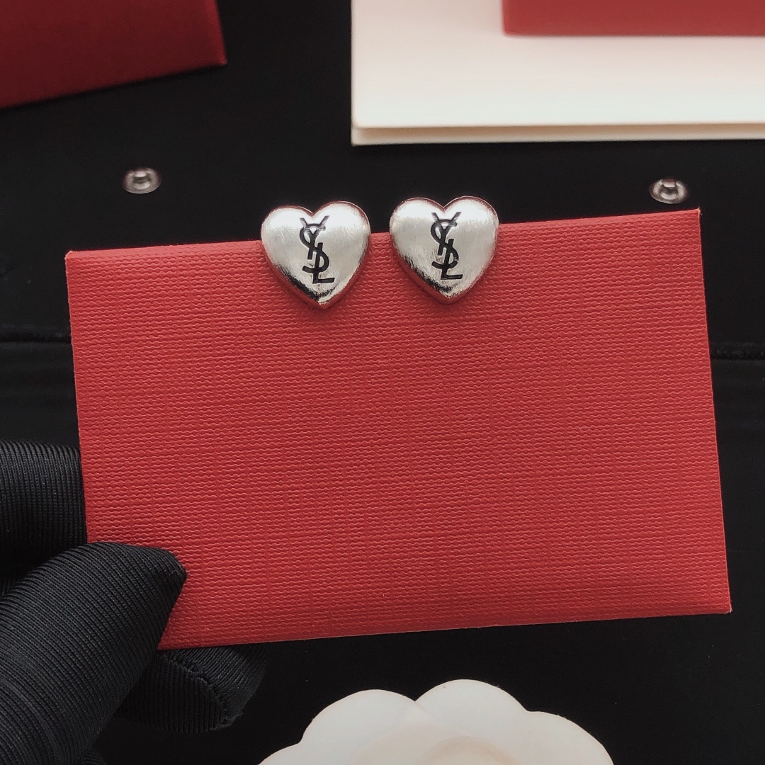 Saint Laurent YED0090 Heart Cassandre Stud Earrings earrings brushed silver-tone metal with black enamel logo 1 2cm stud diameter