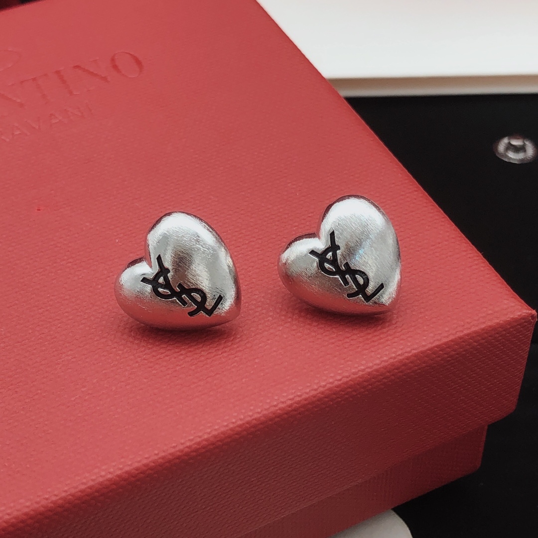 Saint Laurent YED0090 Heart Cassandre Stud Earrings earrings brushed silver-tone metal with black enamel logo 1 2cm stud diameter