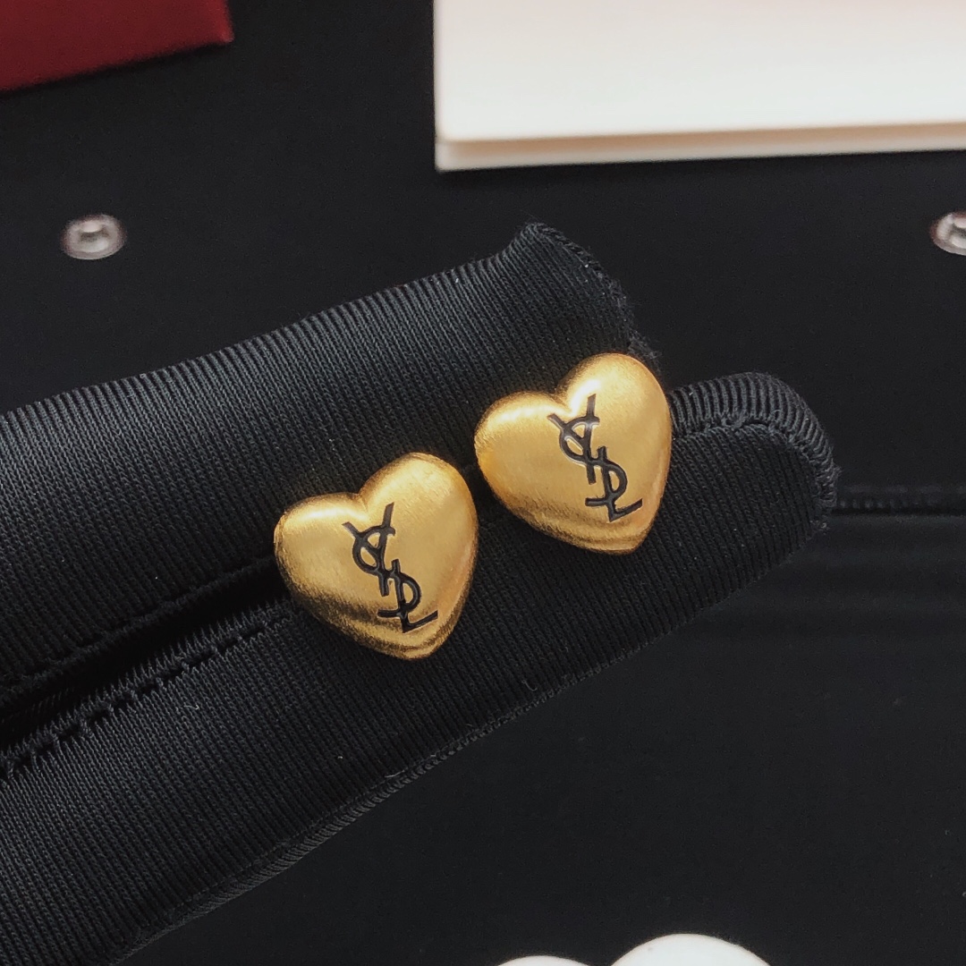 Saint Laurent YED0079 Heart Cassandre Stud Earrings earrings brushed gold-tone metal with black enamel logo 1 2cm stud diameter