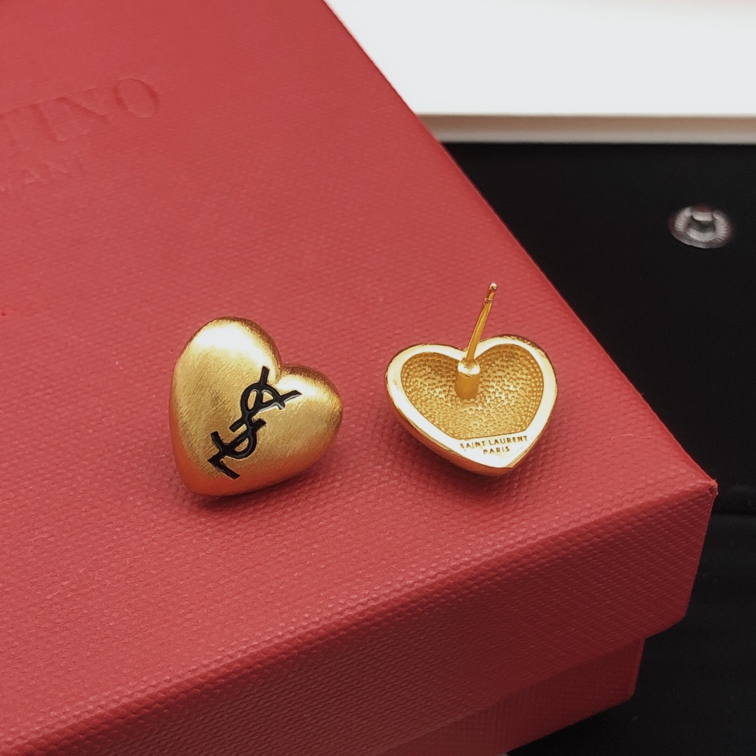 Saint Laurent YED0079 Heart Cassandre Stud Earrings earrings brushed gold-tone metal with black enamel logo 1 2cm stud diameter