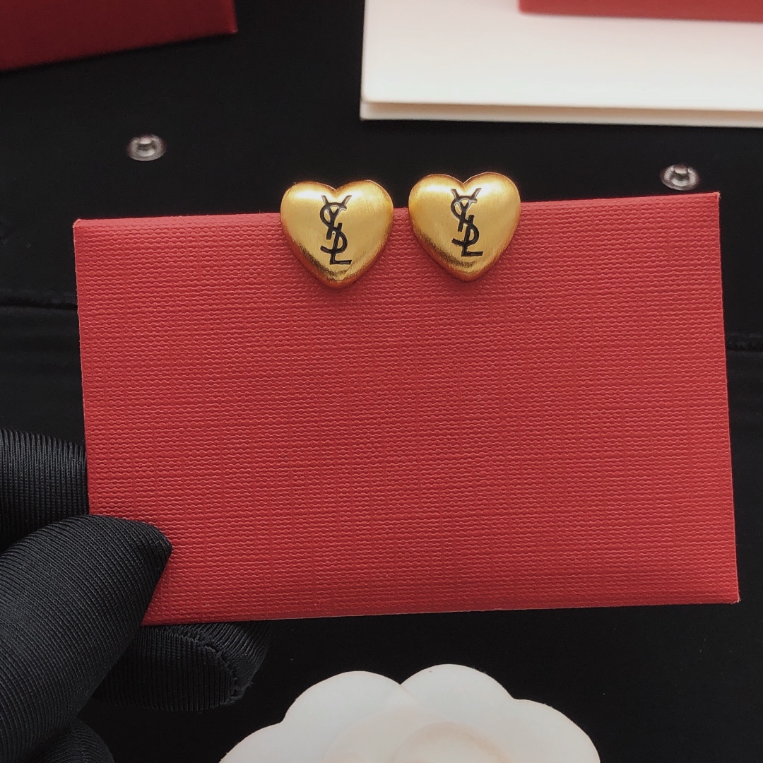 Saint Laurent YED0079 Heart Cassandre Stud Earrings earrings brushed gold-tone metal with black enamel logo 1 2cm stud diameter