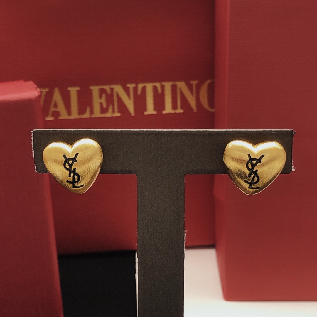 Saint Laurent YED0079 Heart Cassandre Stud Earrings earrings brushed gold-tone metal with black enamel logo 1 2cm stud diameter