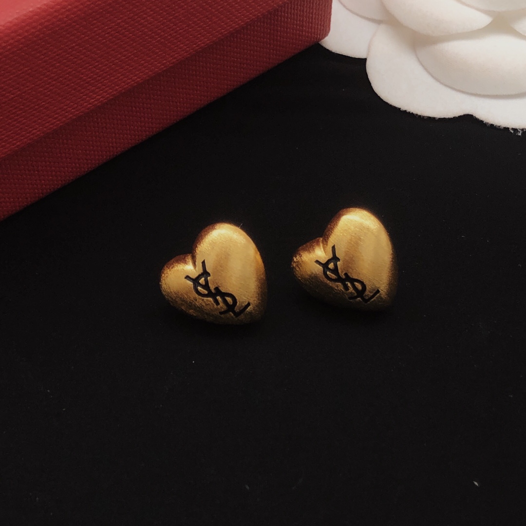 Saint Laurent YED0079 Heart Cassandre Stud Earrings earrings brushed gold-tone metal with black enamel logo 1 2cm stud diameter