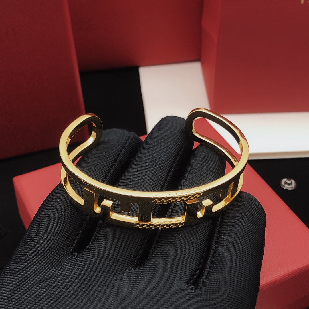 Fendi FF Logo Cutout Cuff bracelet Gold-tone metal no accent stones One Size open cuff standard 6 5 inch inner circumference