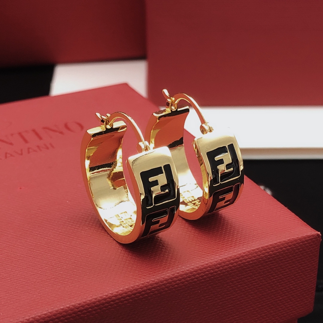 Fendi FF Logo Hoop Earrings earrings gold-tone metal with black enamel FF detailing 2 5cm hoop diameter