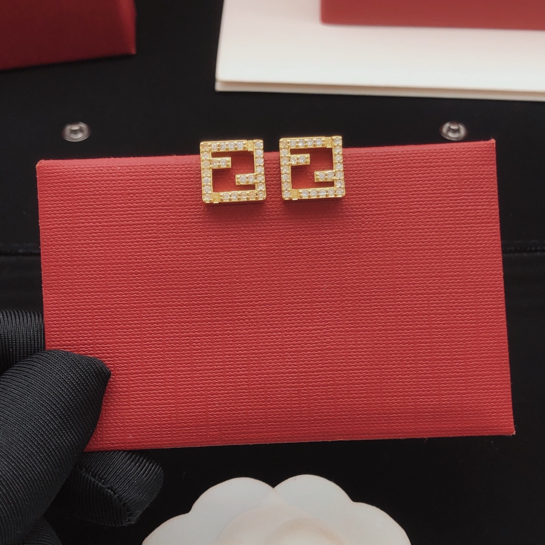 Fendi FF Logo Crystal Stud Earrings earrings gold-tone metal with clear crystal accents 1cm square