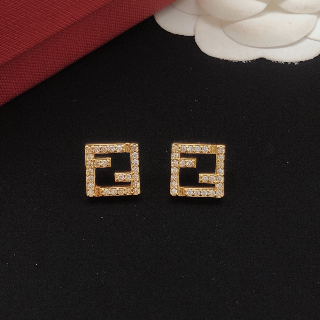 Fendi FF Logo Crystal Stud Earrings earrings gold-tone metal with clear crystal accents 1cm square