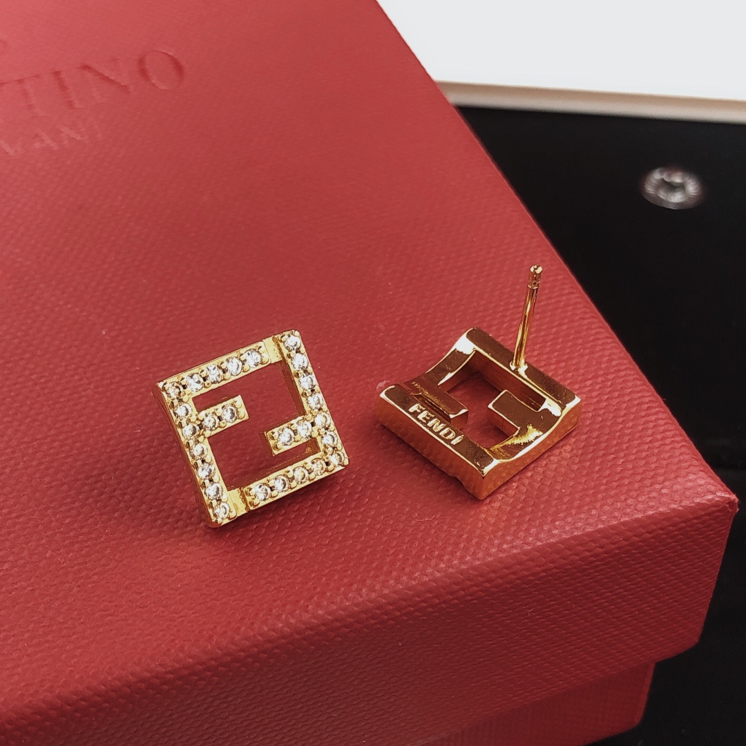 Fendi FF Logo Crystal Stud Earrings earrings gold-tone metal with clear crystal accents 1cm square