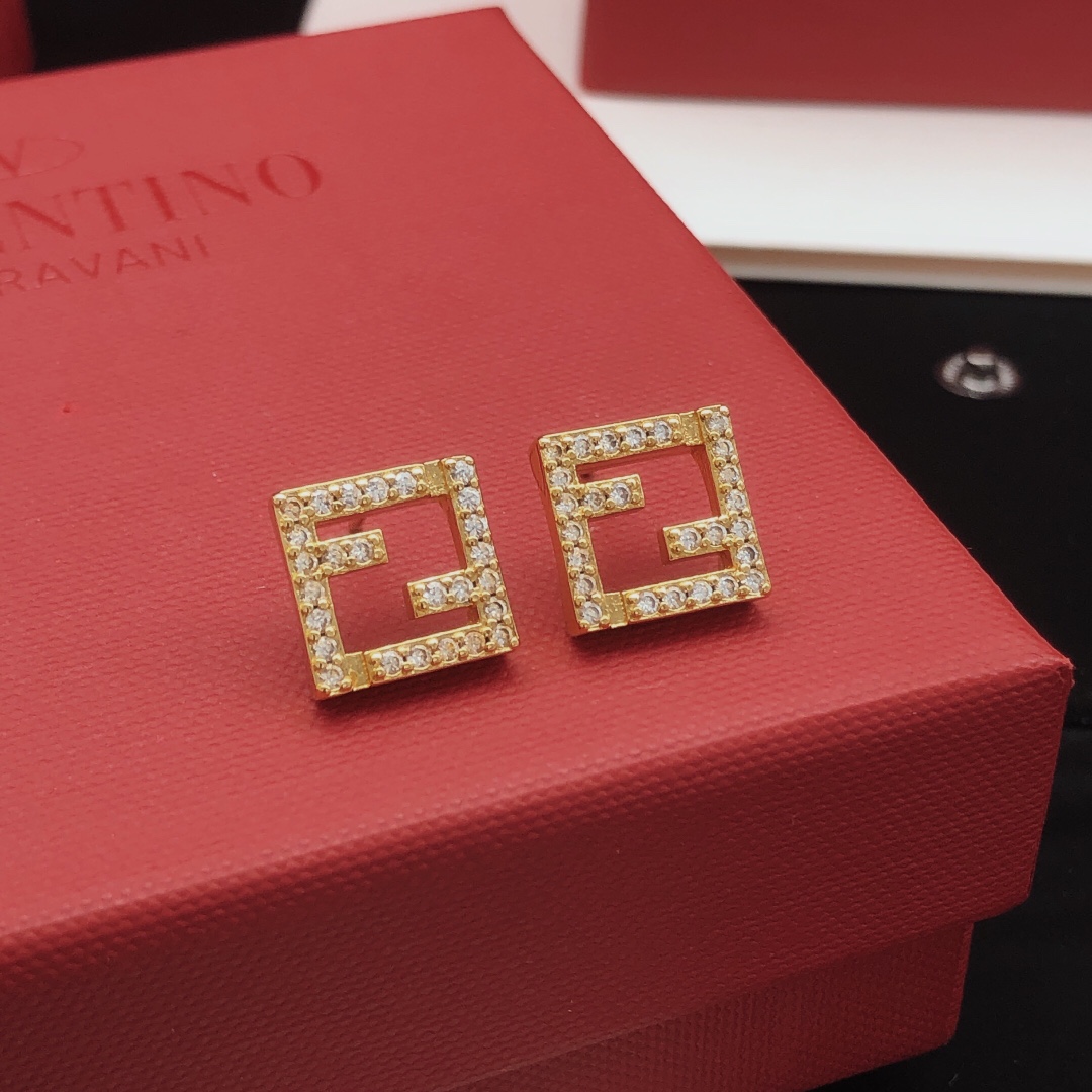 Fendi FF Logo Crystal Stud Earrings earrings gold-tone metal with clear crystal accents 1cm square