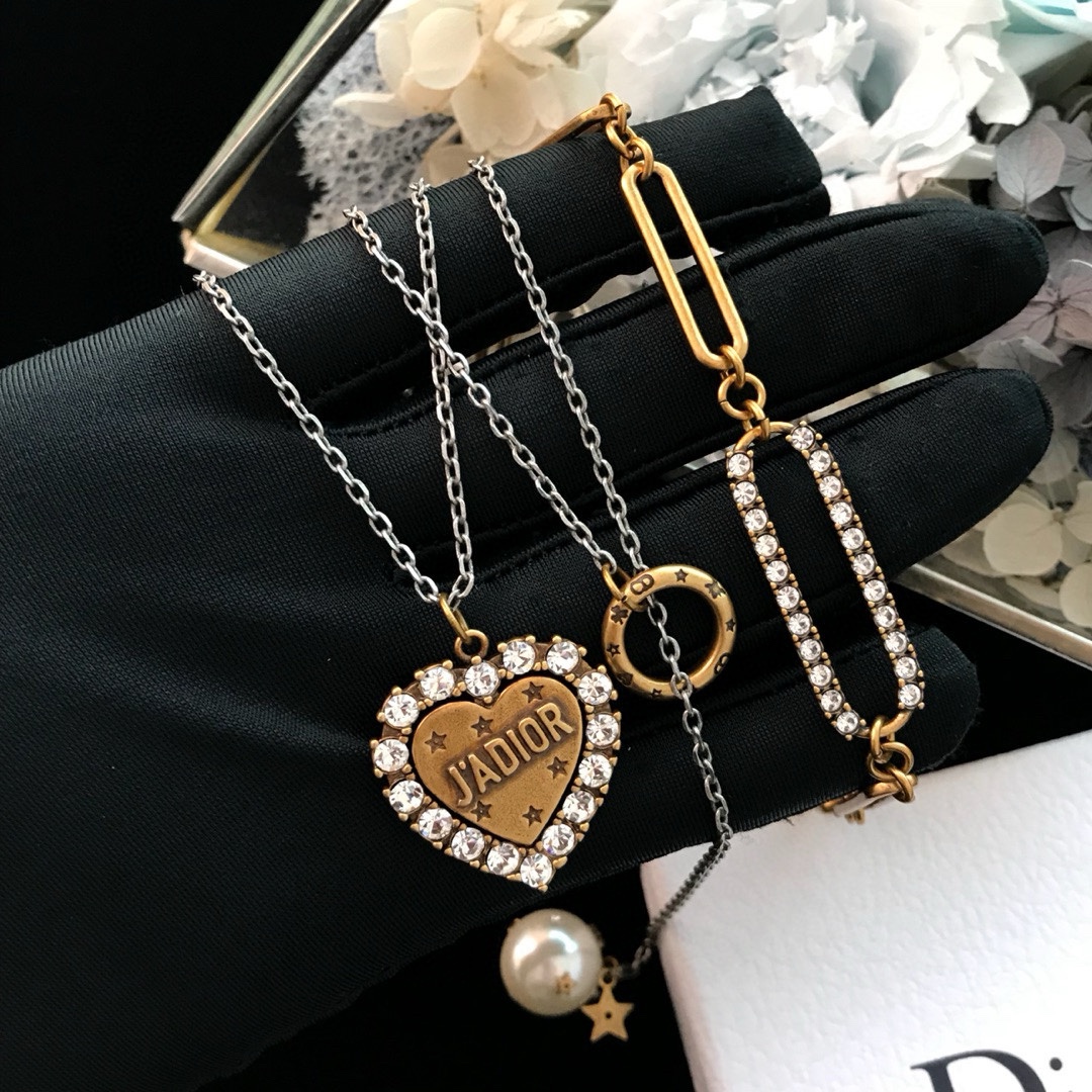 Dior J Adior necklace Antique gold and silver-tone metal clear crystal accents white pearl 42cm