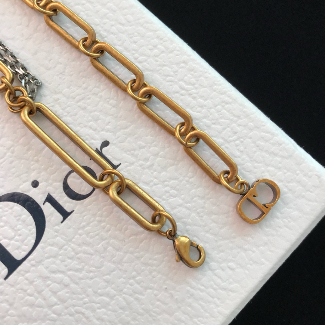 Dior J Adior necklace Antique gold and silver-tone metal clear crystal accents white pearl 42cm
