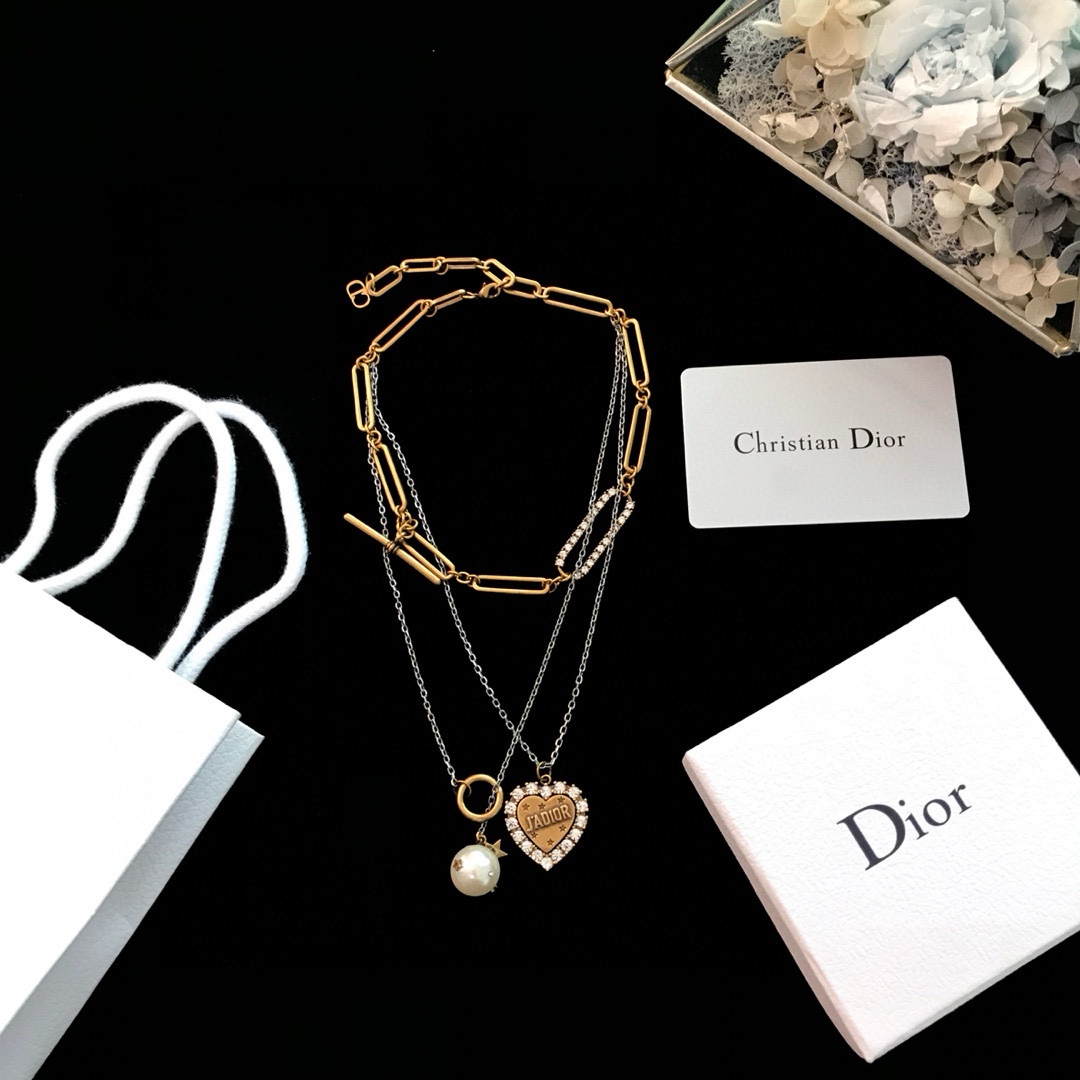 Dior J Adior necklace Antique gold and silver-tone metal clear crystal accents white pearl 42cm