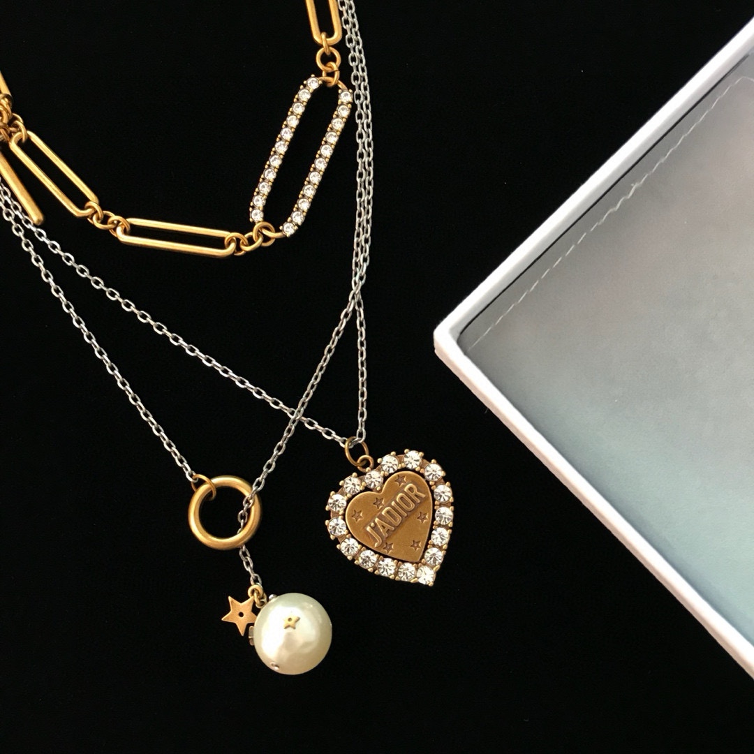 Dior J Adior necklace Antique gold and silver-tone metal clear crystal accents white pearl 42cm