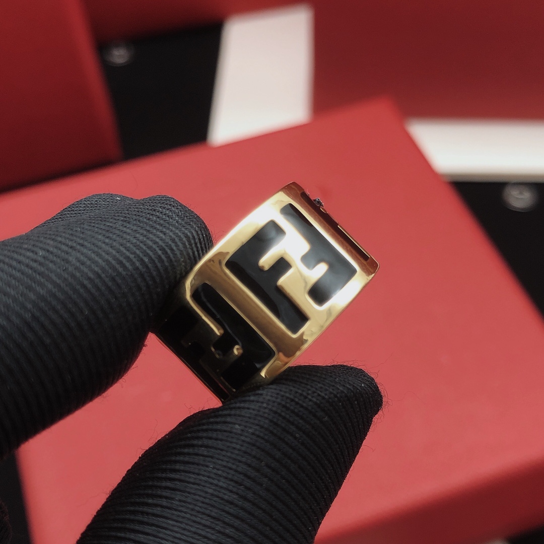 Fendi FF Logo Wide Band Ring ring gold-tone metal with black enamel FF detailing adjustable open