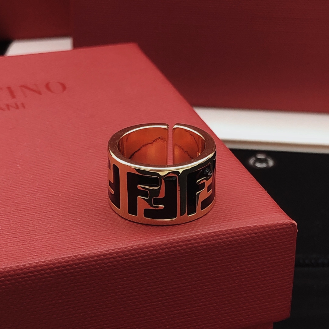 Fendi FF Logo Wide Band Ring ring gold-tone metal with black enamel FF detailing adjustable open