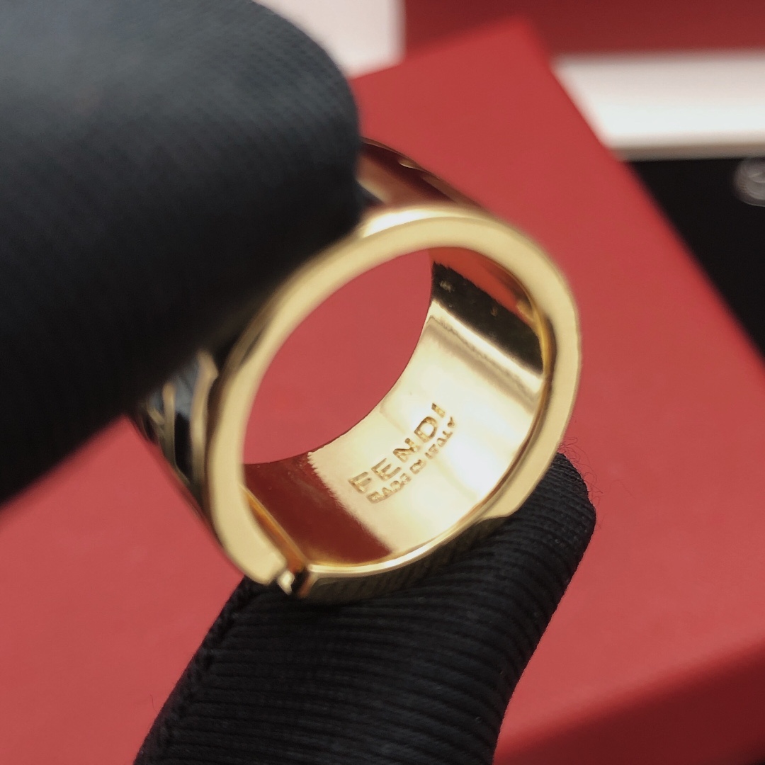 Fendi FF Logo Wide Band Ring ring gold-tone metal with black enamel FF detailing adjustable open