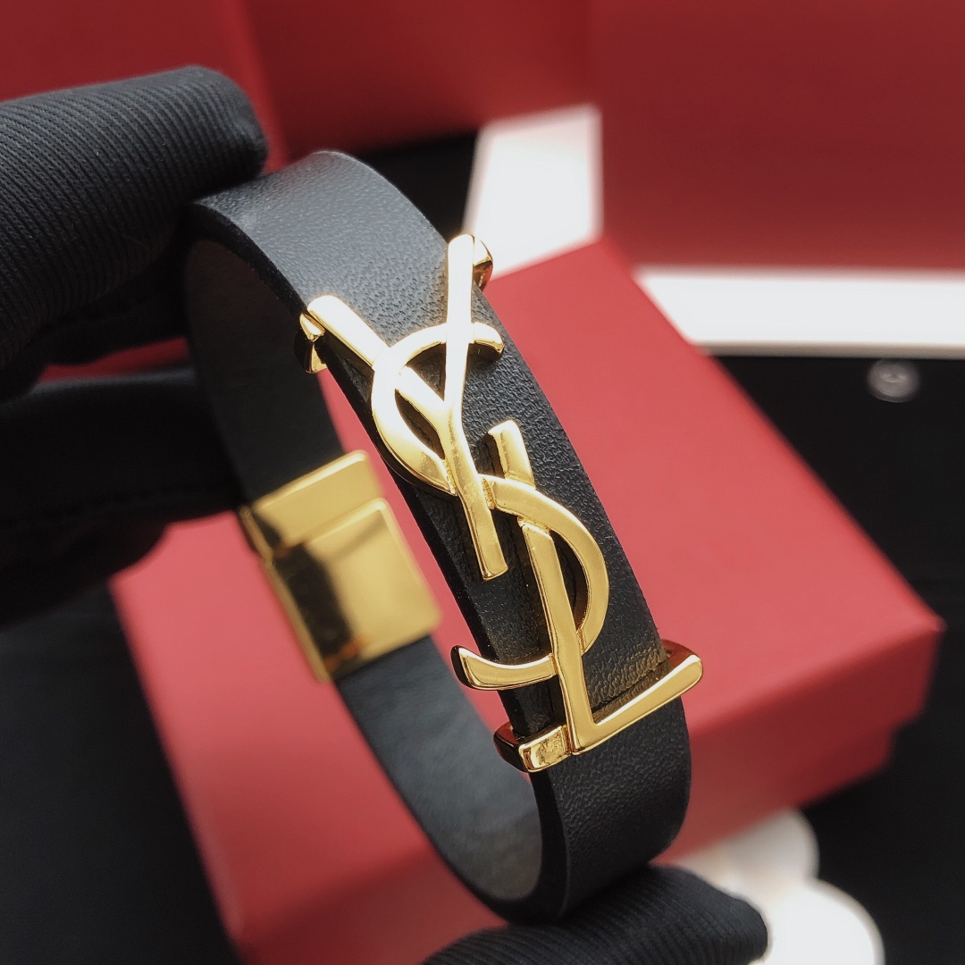 Saint Laurent YSL Monogram Leather Bracelet bracelet Black leather with gold-tone metal hardware 19cm