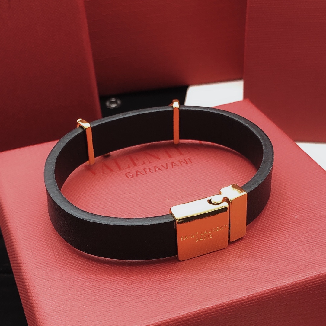 Saint Laurent YSL Monogram Leather Bracelet bracelet Black leather with gold-tone metal hardware 19cm